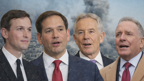 من اليسار إلى اليمين: جاريد كوشنر، ماركو روبيو، توني بلير، وستيف ويتكوف