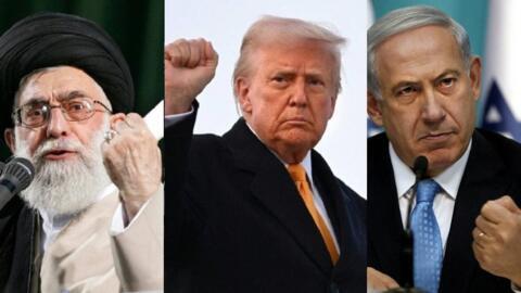 صورة مركبة للرئيس الأمريكي دونالد ترامب ورئيس الوزراء الإسرائيلي بنيامين نتنياهو والمرشد الأعلى الإيراني علي خامنئي